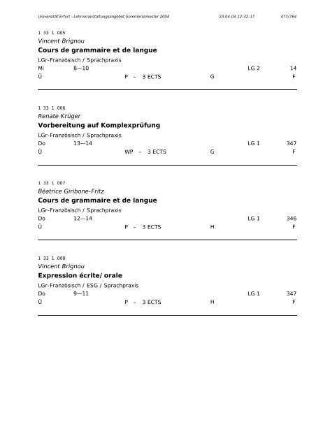 Lehrveranstaltungsangebot im SS 2004 - Universität Erfurt