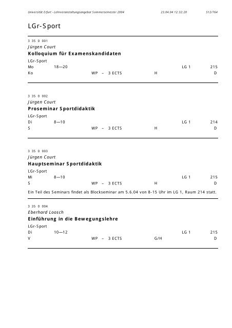 Lehrveranstaltungsangebot im SS 2004 - Universität Erfurt