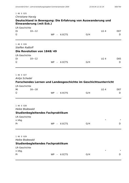 Lehrveranstaltungsangebot im SS 2004 - Universität Erfurt