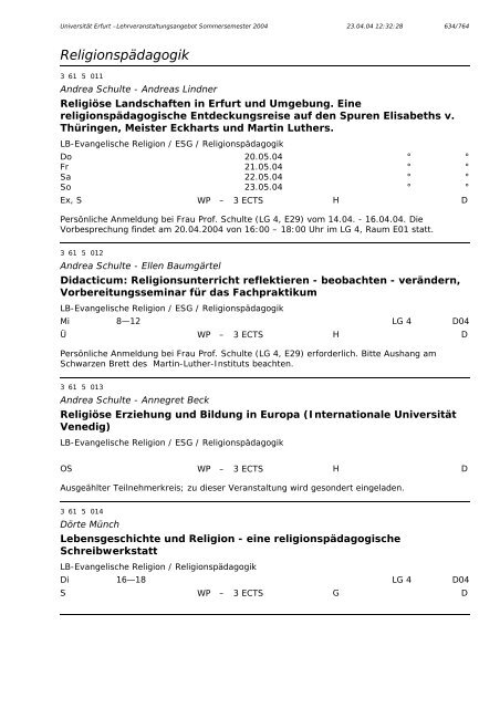 Lehrveranstaltungsangebot im SS 2004 - Universität Erfurt