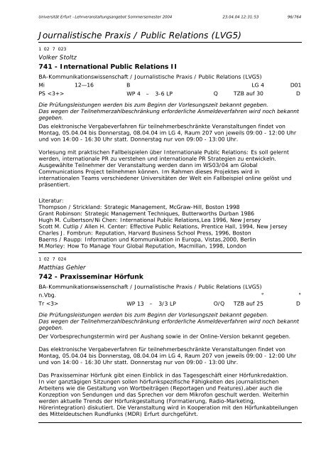 Lehrveranstaltungsangebot im SS 2004 - Universität Erfurt