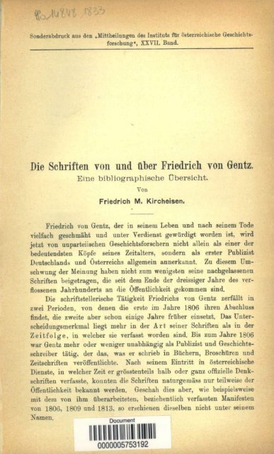 Die Schriften von und uber Friedrich von Gentz