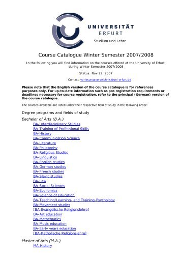 Course Catalogue Winter Semester 2007/2008