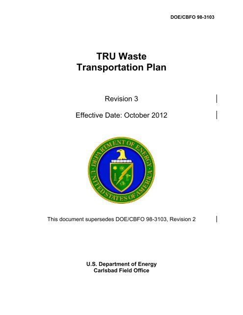 TRU Waste Transportation Plan DOE/CBFO 98-3103