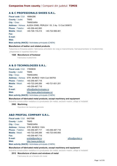 Companies from county / Companii din judetul: TIMIS A & C ...