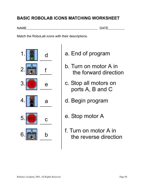 BASIC ROBOLAB WORKSHEET - Robotics Academy