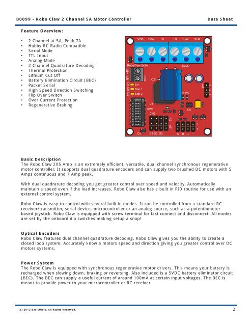 B0099 - Robo Claw 2 Channel 5A Motor Controller ... - Basic Micro