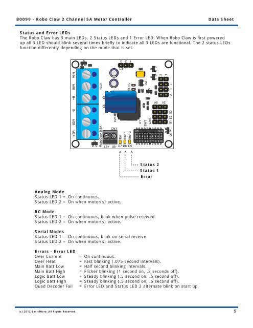 B0099 - Robo Claw 2 Channel 5A Motor Controller ... - Basic Micro