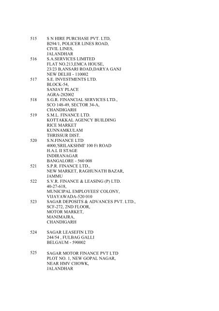 All India list of NBFCs including RNBCs - Reserve Bank of India