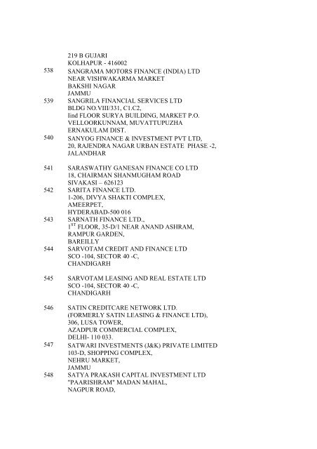 All India list of NBFCs including RNBCs - Reserve Bank of India