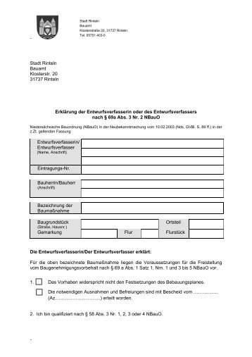 Stadt Rinteln Bauamt Klosterstr. 20 31737 Rinteln Erklärung der ...