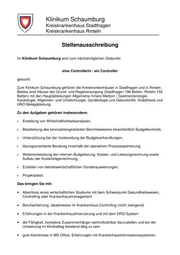 Stellenausschreibung Controlling Klinikum Schaumburg_091015