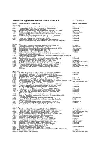 Veranstaltungskalender Birkenfelder Land 2003