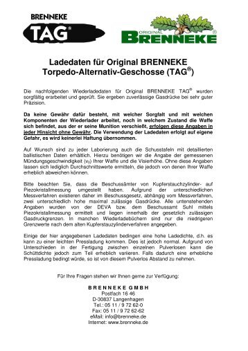 Ladedaten für Original BRENNEKE Torpedo-Alternativ-Geschosse ...