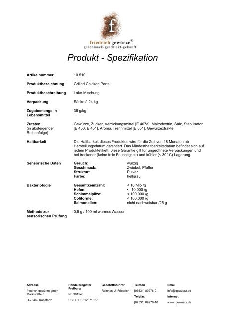 Produkt - Spezifikation - Friedrich Gewürze GmbH