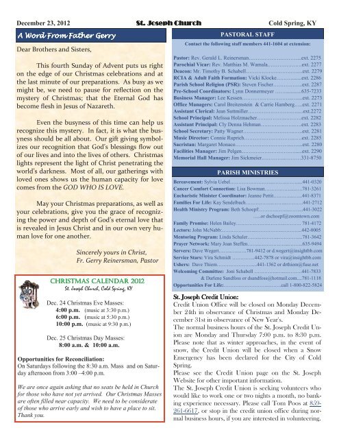 Christmas Programs In Afternoon Or Evening At Northern Ky Churches On Sun December 23 2022 December 23, 2012 St. Joseph Church Cold Spring, Ky A Word ...