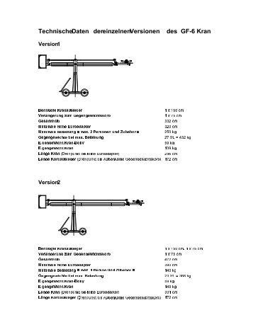 Technische Daten der einzelnen Versionen des GF 6 Kran - G-f-m.net