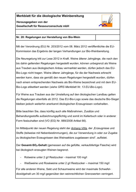 Merkblatt Bio-Wein - GfRS