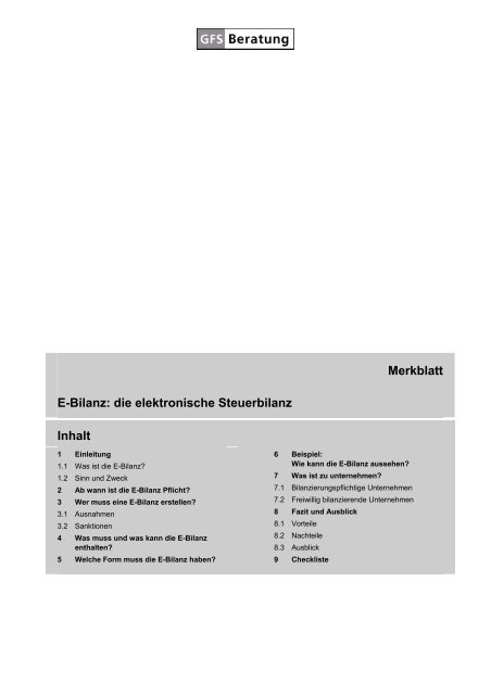 Merkblatt E Bilanz Die Elektronische Steuerbilanz Gfs Beratung