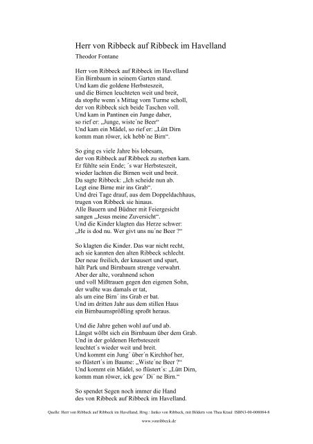 Gedicht Herr Von Ribbeck Auf Ribbeck Im Havelland Herr von Ribbeck auf Ribbeck im Havelland
