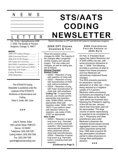 Sts Aats Coding Newsletter Society Of Thoracic Surgeons