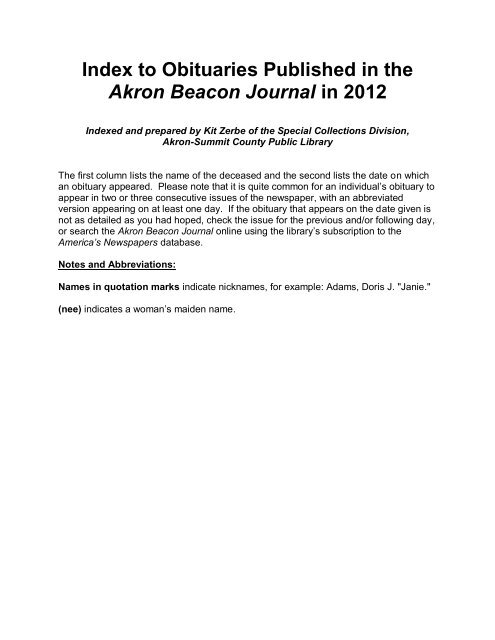 2012 - Special Collections - Akron-Summit County Public Library