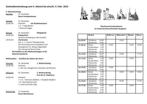 Gottesdienstordnung vom 4. Advent bis einschl. 3. Febr. 2013