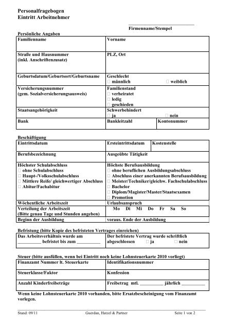 Personalfragebogen Eintritt Arbeitnehmer