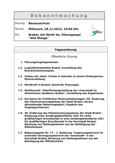 Bekanntmachungen vom 22. November 2012 - Stadt Brakel
