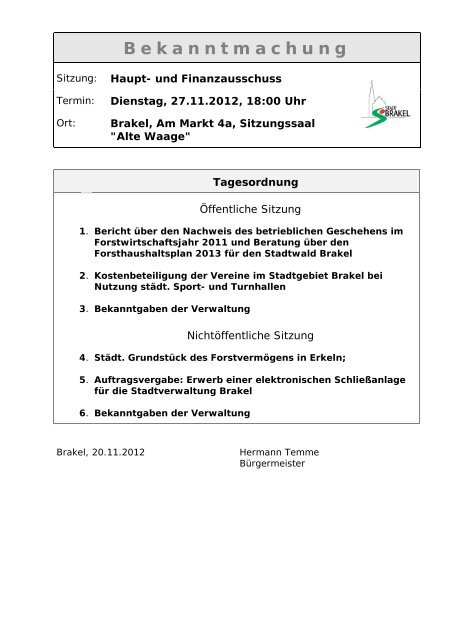 Bekanntmachungen vom 22. November 2012 - Stadt Brakel
