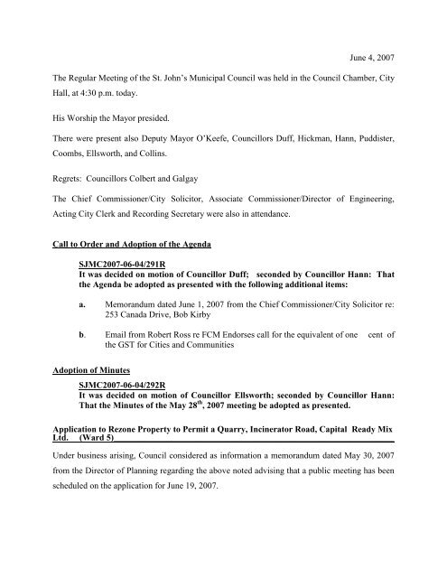 Council Minutes Monday, June 4, 2007 - City of St. John's