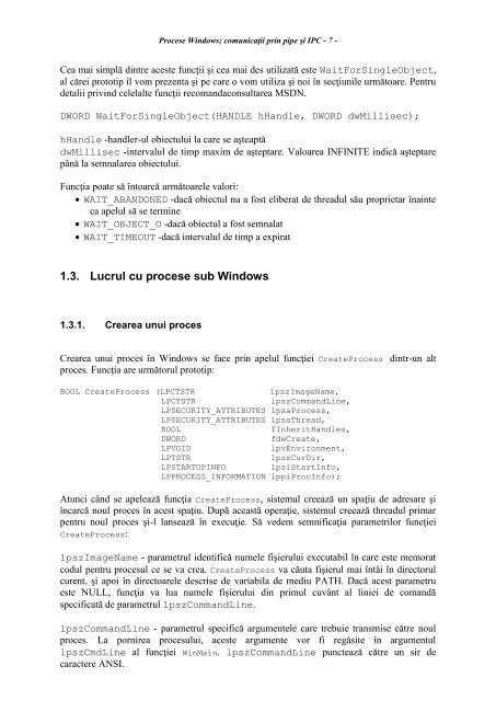 1. Procese Windows; comunicaţii prin pipe şi IPC 2