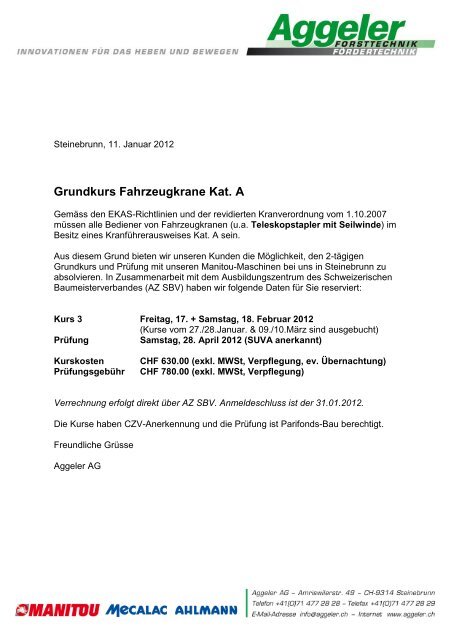 Grundkurs Fahrzeugkrane Kat. A - Aggeler AG