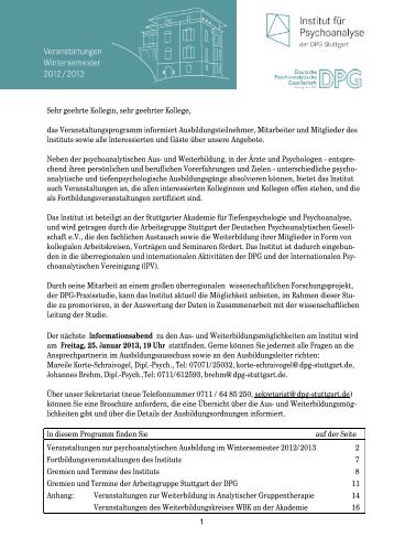 Semesterprogramm - Institut für Psychoanalyse der DPG Stuttgart