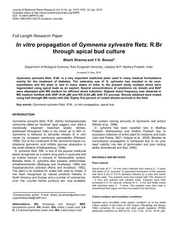 In vitro propagation of Gymnema sylvestre Retz - Academic Journals