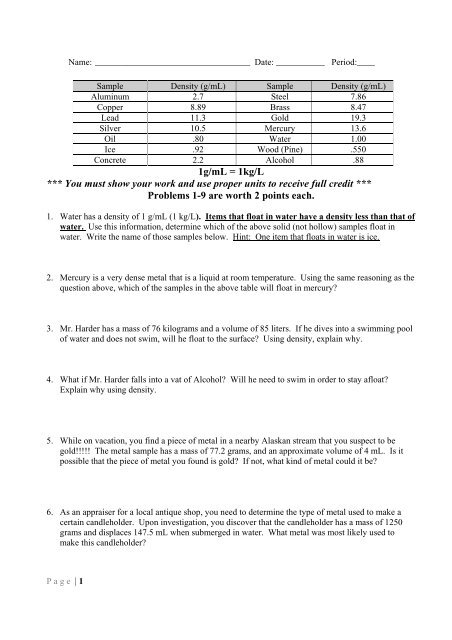 Density Worksheet Pdf