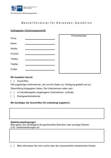 Bestellformular für Adressen - Selektion  - IHK Gießen Friedberg