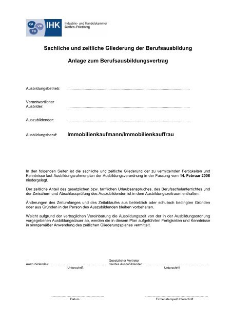 Sachliche und zeitliche Gliederung der Berufsausbildung Anlage zum