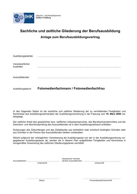 Sachliche und zeitliche Gliederung der Berufsausbildung