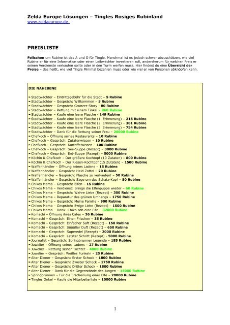 Zelda Europe Lösungen – Tingles Rosiges Rubinland PREISLISTE 1