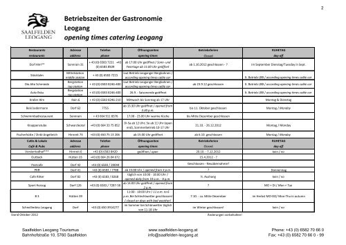 Betriebszeiten der Hotellerie/Gastronomie Leogang opening times ...