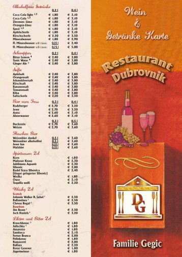 Wein & Getränke Karte - Restaurant Dubrovnik Pinneberg