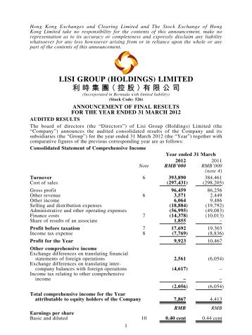 lisi group (holdings) limited 利時集團（控股）有限公司 - HKExnews