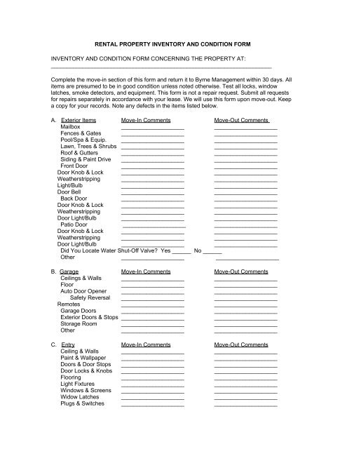 rental property inventory and condition form - Byrne Management, LLC