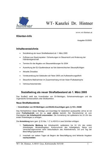 März 2005 - Dr. Hans Hintner - Steuerberatung Graz Steuerberater