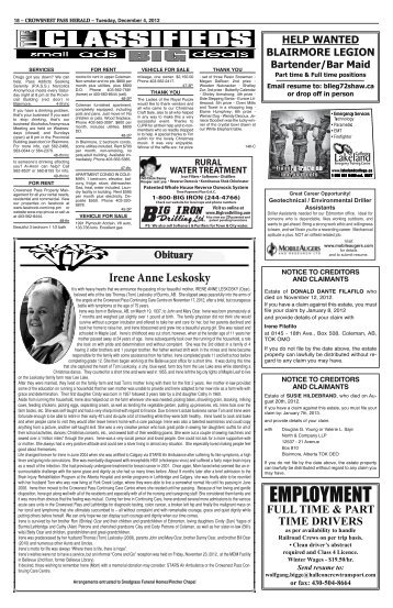 classifieds - Crowsnest Pass Herald