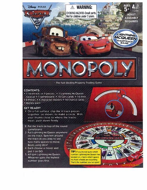 Disney Pixar Cars 2 Monopoly 27810 Lightning McQueen Racetrack Game 30108 for sale online 