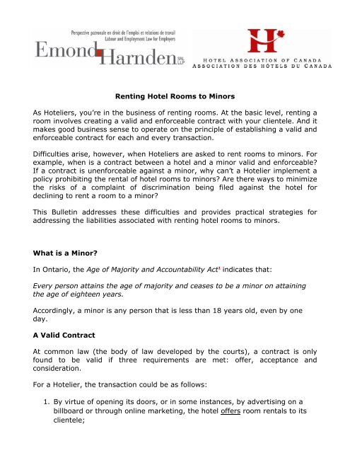 Renting Hotel Rooms To Minors Hotel Association Of Canada