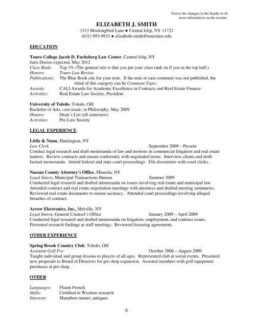 Resume, Cover Letter, Writing Sample and ... - Touro Law Center