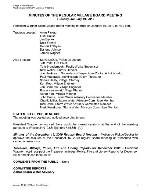 Minutes Of The Regular Village Board Meeting Village Of Mukwonago